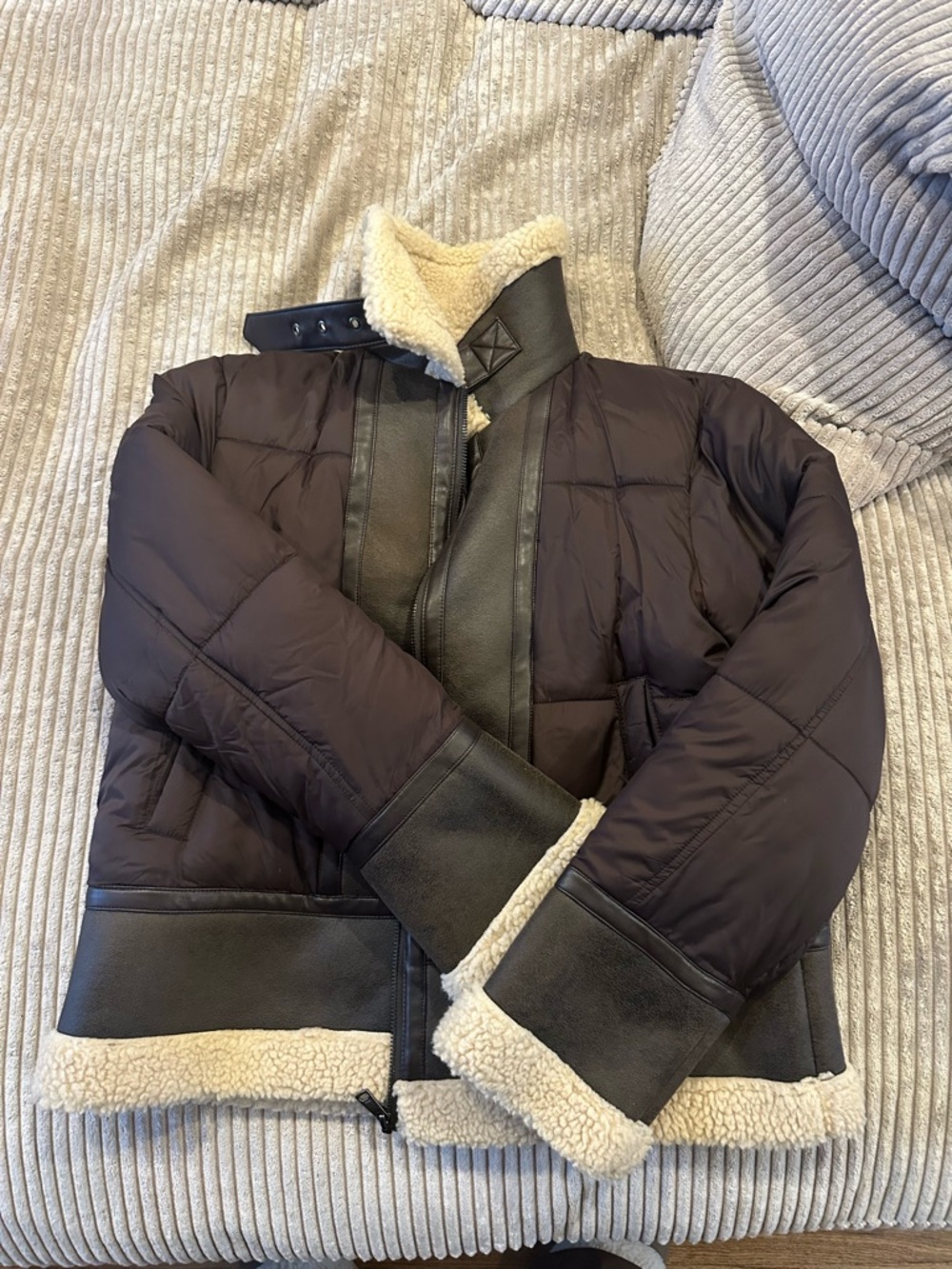 Only Women's Dark Brown Puffer Jacket with Cream Shearling Trim